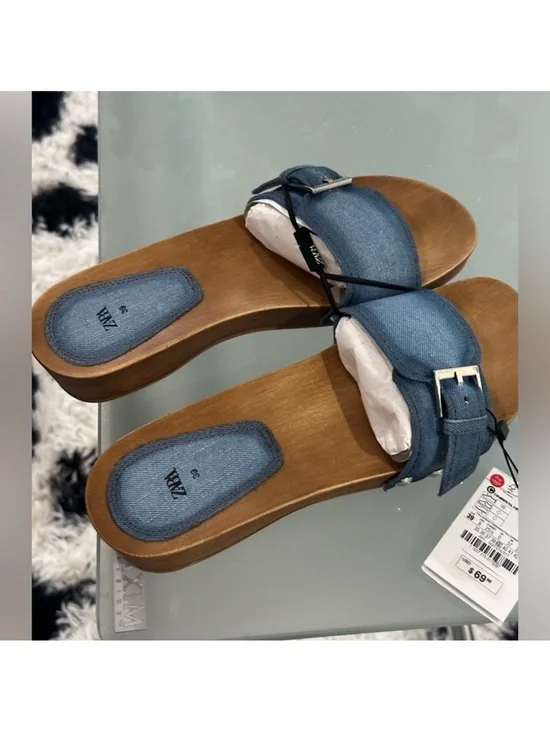 Zara Blue Denim Heeled Slide Sandals with Buckle - Picture 3 of 3